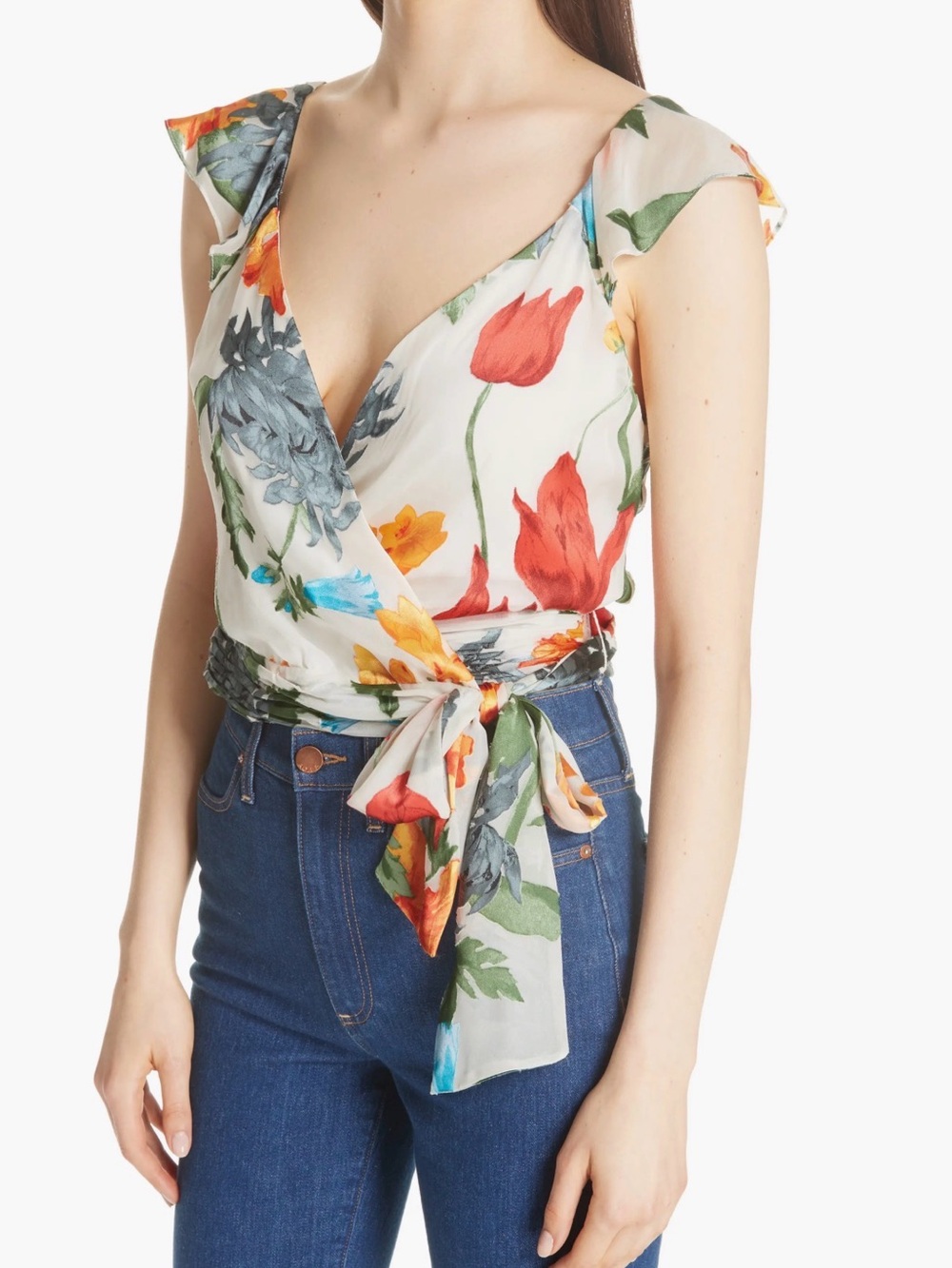 Alice + Olivia Floral Wrap Top in Cream, Red, Yellow, Green - Picture 2 of 10